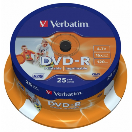 диск dvd-r verbatim 4.7gb 16x cake box (25шт) printable (43538)(43538)