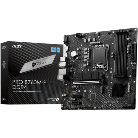 Материнская плата MSI PRO B760M-P DDR4 (RTL) S-1700 B760 4xDDR4 PCI-E x16/2xPCI-E x1 4xSATA III/RAID 0,1,5,10/2xM.2 2xPS/2/D-sub/HDMI/DP/4xUSB 2.0/1xUSB 3.2G1/1xType-C/GLAN/3 audio jacks mATX